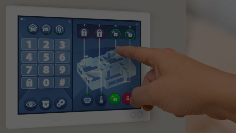 A sleek, wall-mounted tablet displaying smart home controls for lights, security, and climate.